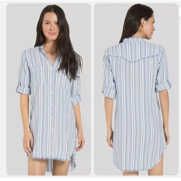 Cloth & Stone Linen Blend Striped Shirt Dress Long Sleeve Blue White Raw hem szM - Picture 1 of 16